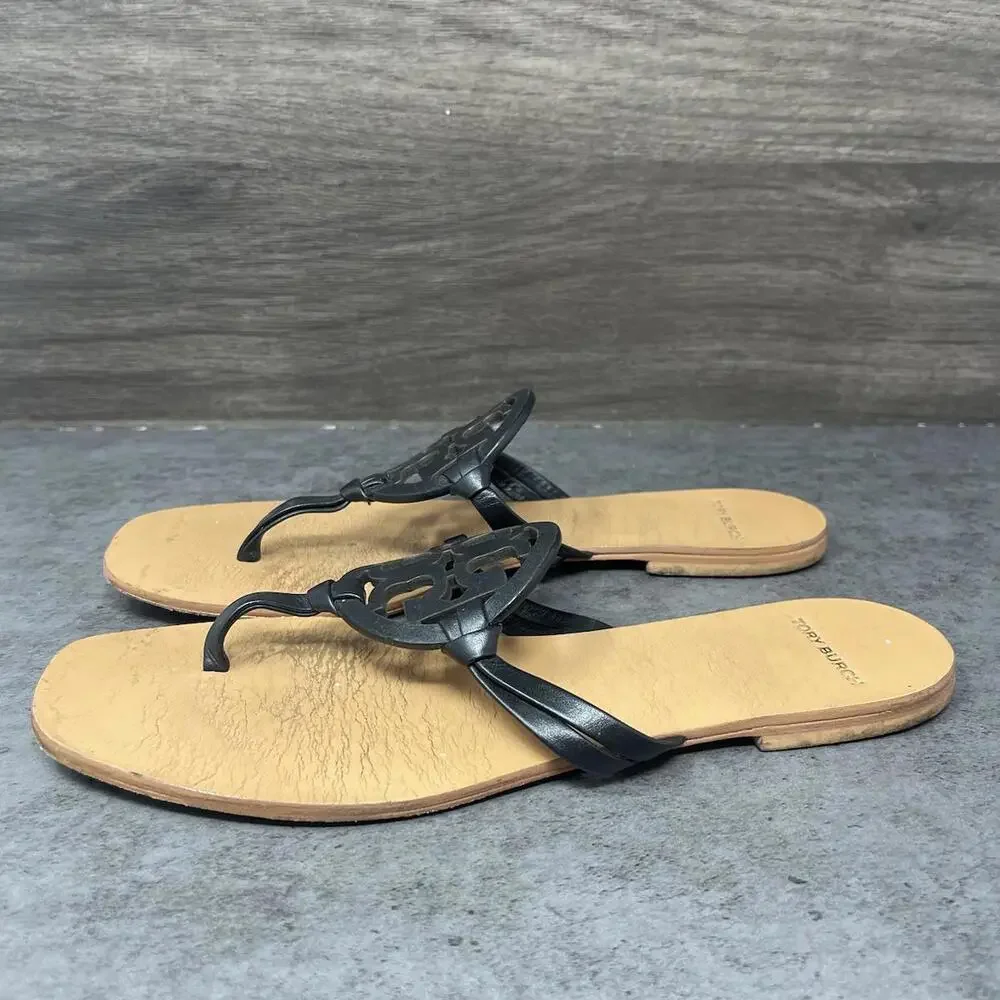 Tory Burch Sandals Womens Size 8 Miller Thong Black Brown Leather - Picture 2 of 7